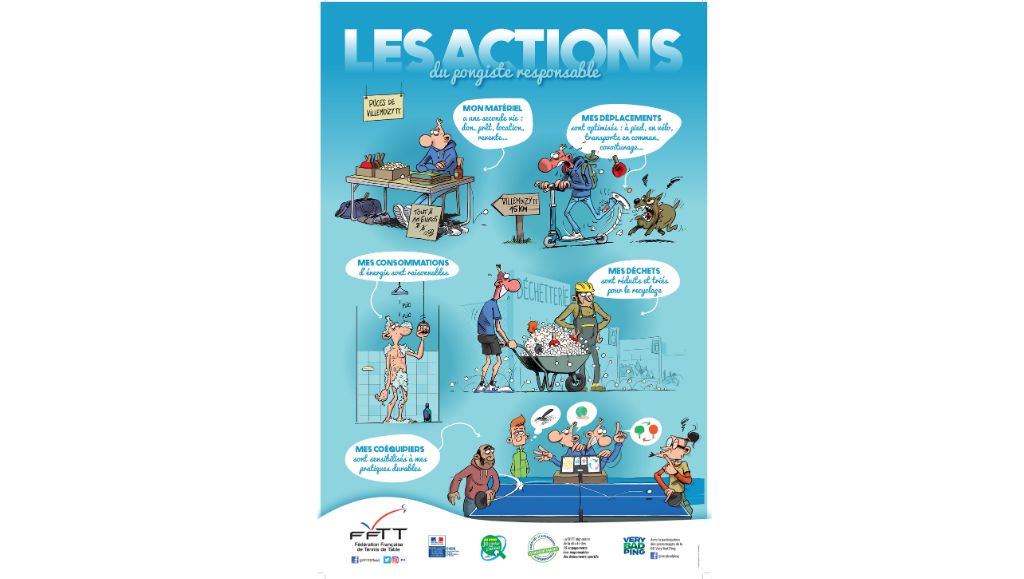 L'affiche "Les actions du pongiste responsable" montre plusieurs scénettes humoristiques des personnages de Very Bad Ping faisant des actions écoresponsables dans leur sport, le tennis de table. Jean-Marc Sinque vend des vieux vêtements aux puces et s'ennuie. Il se déplace en trottinette mais se fait courser par un chien. Il prend sa douche, il est plein de savon mais il n'y a plus d'eau. Il est à la déchetterie avec une brouette pleine de balles mais le responsable regarde le tout d'un mauvais oeil. Dernière scénette : Jean-Marc explique à ses collègues qu'il faut faire attention à l'environnement mais ceux-ci sont plus intéressés par le match de ping-pong. Plusieurs logos officiels en bas de l'affiche (FFTT, Ministère de l'environnement...).