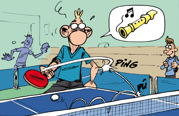 Jean-Marc Sinque rate une balle de ping-pong en revers et jure : flûte !