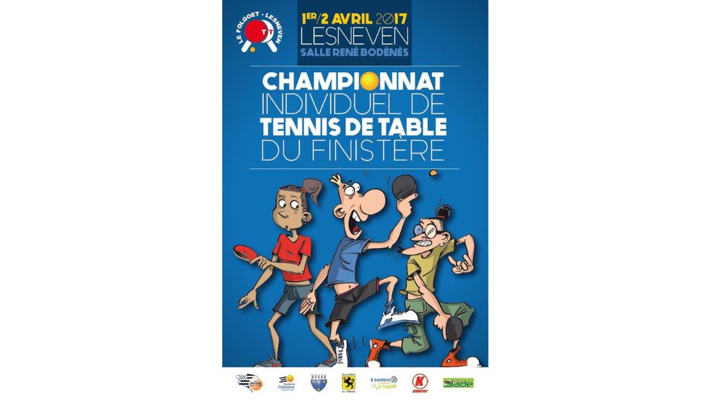 Affiche des Championnats du Finistère de Tennis de Table 2017 à Lesneven. Jean-Marc, Roland et une fille joue au ping-pong au premier plan.