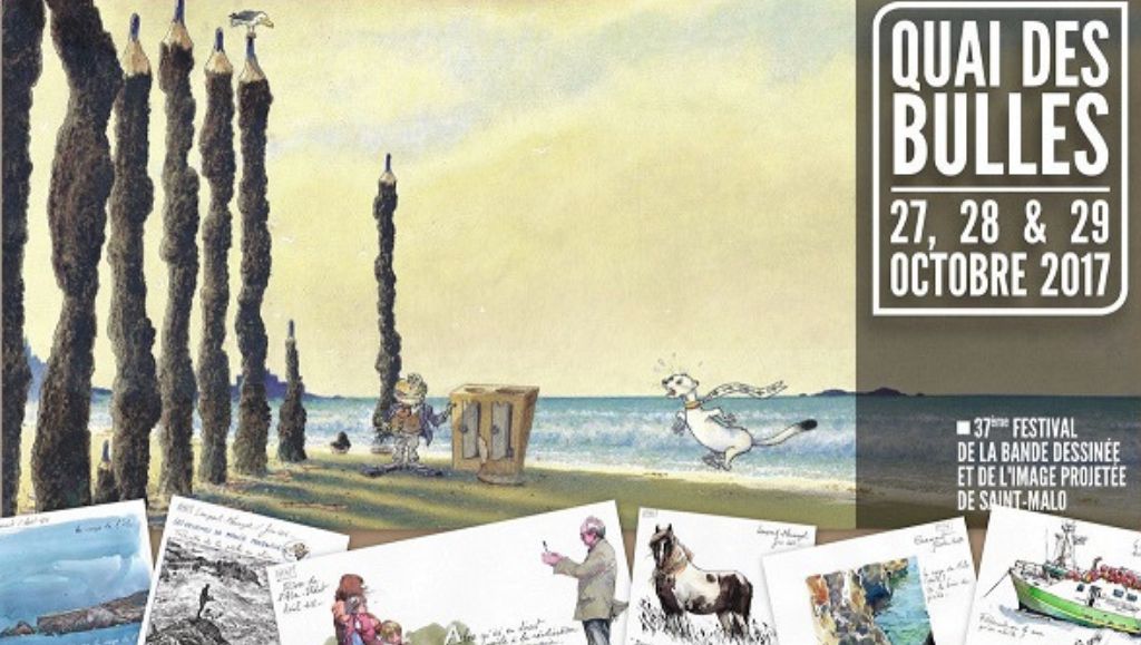 Affiche festival BD Quai des Bulles à Saint-Malo 2017. Une hermine, portant une écharpe de la Bretagne au cou, court sur la plage de Saint-Malo.