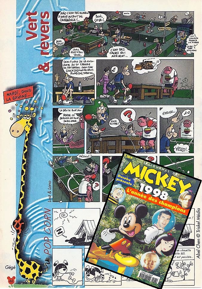 Planche de la BD Vert et Revers, ancêtre de Very Bad Ping, dans le Journal de Mickey du 23/12/1998 avec en couverture Mickey et Zidane !