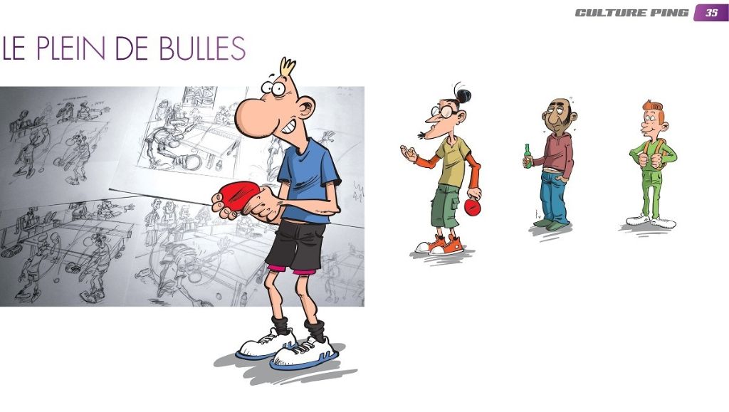 Extrait du magazine Ping Pong Mag avec l'interview de Last et Badus. Jean-Marc tient une raquette au premier plan avec des croquis en second plan. Roland TITAUPE, Yann ZAKA, Jérémie HACOTET sont à droite de l'image.