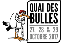 Logo festival Quai des Bulles 2017 à Saint-Malo. Une mouette portant une écharpe à l’effigie de la Bretagne semble blasée à côté des dates du festival.