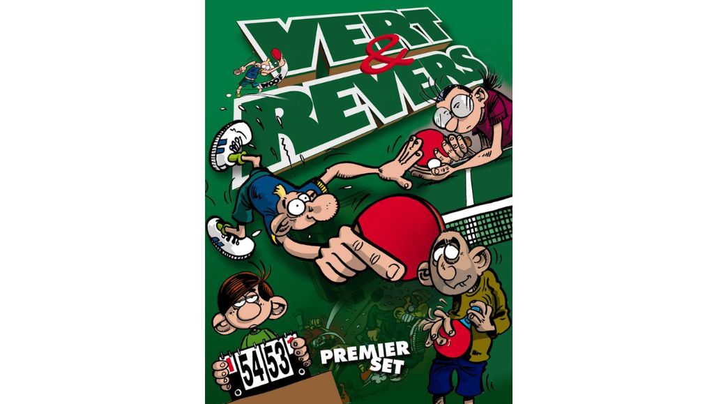 Extrait de la couverture de la BD Vert et Revers, ancêtre de Very Bad Ping. Le titre de la BD est en grand et en italique tandis que Jean-Marc, Roland, Yann et Jérémie jouent autour.