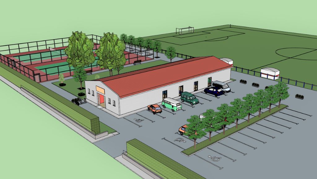 Salle de tennis de table du Villemoizy TT vue de haut avec tout le reste du complexe sportif. Deux terrains de tennis, un grand parking et un terrain de foot entourent la salle.