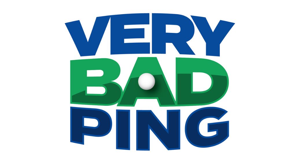 Logo Bande dessinée Very Bad Ping. Les 3 mots sont les uns sous les autres. "Very" et "Ping" sont écrits en bleu alors que "Bad" est écrit au milieu en vert. Une balle de ping-pong remplit la lettre "A".