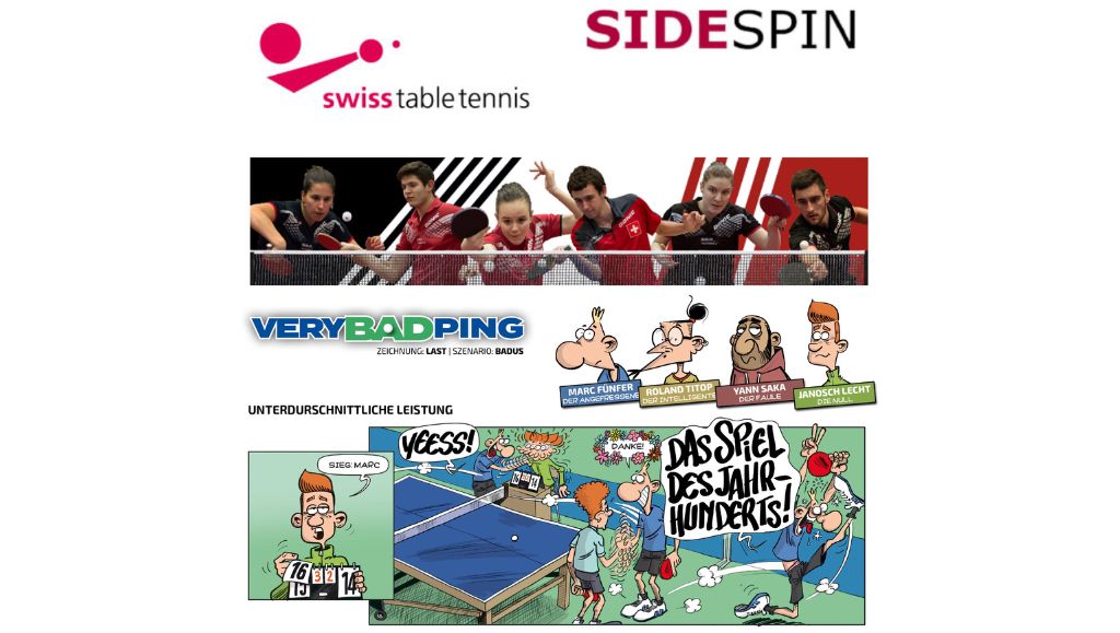 Logo et joueurs de la Swiss Table Tennis Federation avec le nom du magazine helvète Sidespin en gros (en rouge et noir). Dessous, un extrait d'une planche Very Bad Ping en langue Suisse-Allemande apparait.