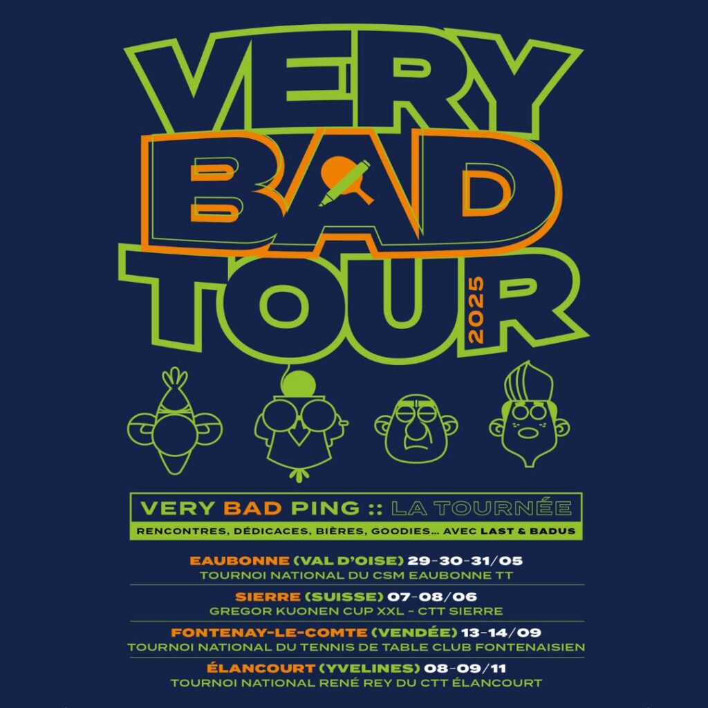 Annonce du Very Bad Tour 2025 avec les dates et lieux de dédicaces des 2 auteurs de la bande dessinée Very Bad Ping !